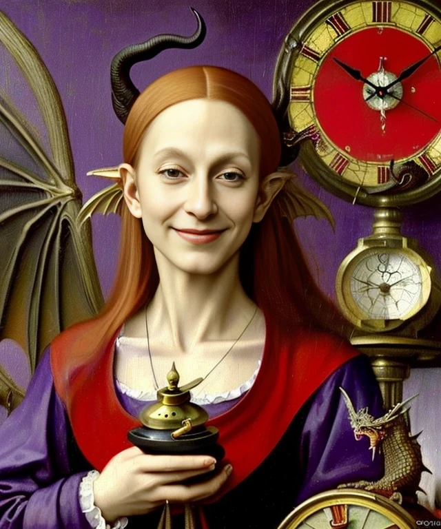 oil painting, beautiful red devil, evil female, (((wearing black-purple tunic, large dragon wings))), (((messy hair, small bust))), (((evil smile))), (((holding a clock))), against large clock, highly detailed, realistic shaded perfect body, ultra realistic picture, (((renaissance art style, art by Hieronymus Bosch)))