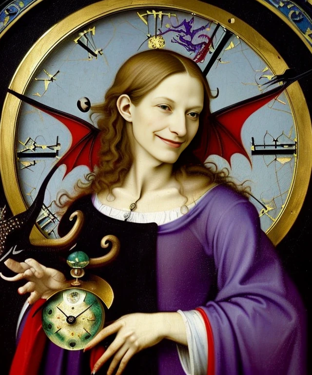 oil painting, beautiful red devil, evil female, (((wearing black-purple tunic, large dragon wings))), (((messy hair, small bust))), (((evil smile))), (((holding a clock))), against large clock, highly detailed, realistic shaded perfect body, ultra realistic picture, (((renaissance art style, art by Hieronymus Bosch)))