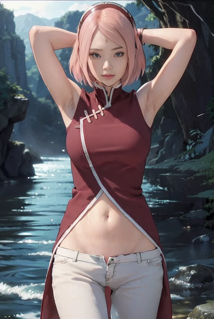 Real life adaption of this character, beauty face,looking to viewer,realistic same pink hair,The back of her hair is short braided  ,realistic jungle with many grass background, hyper realistic, realistic light, realistic shadow, realism,(photorealistic:1.2), (realistic same outfit with Zipper),big breast,