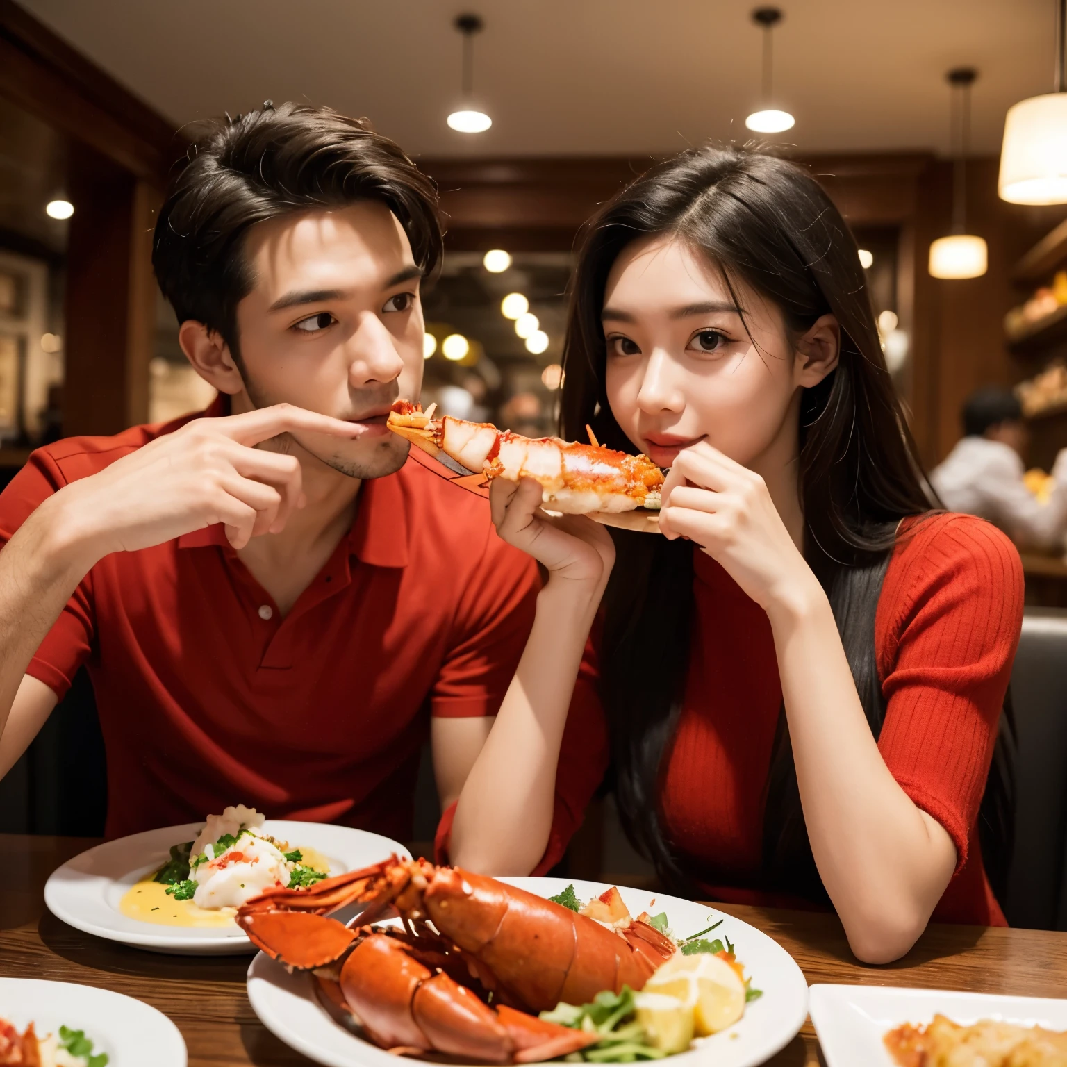 A young beauty and a handsome guy are eating lobster in a restaurant