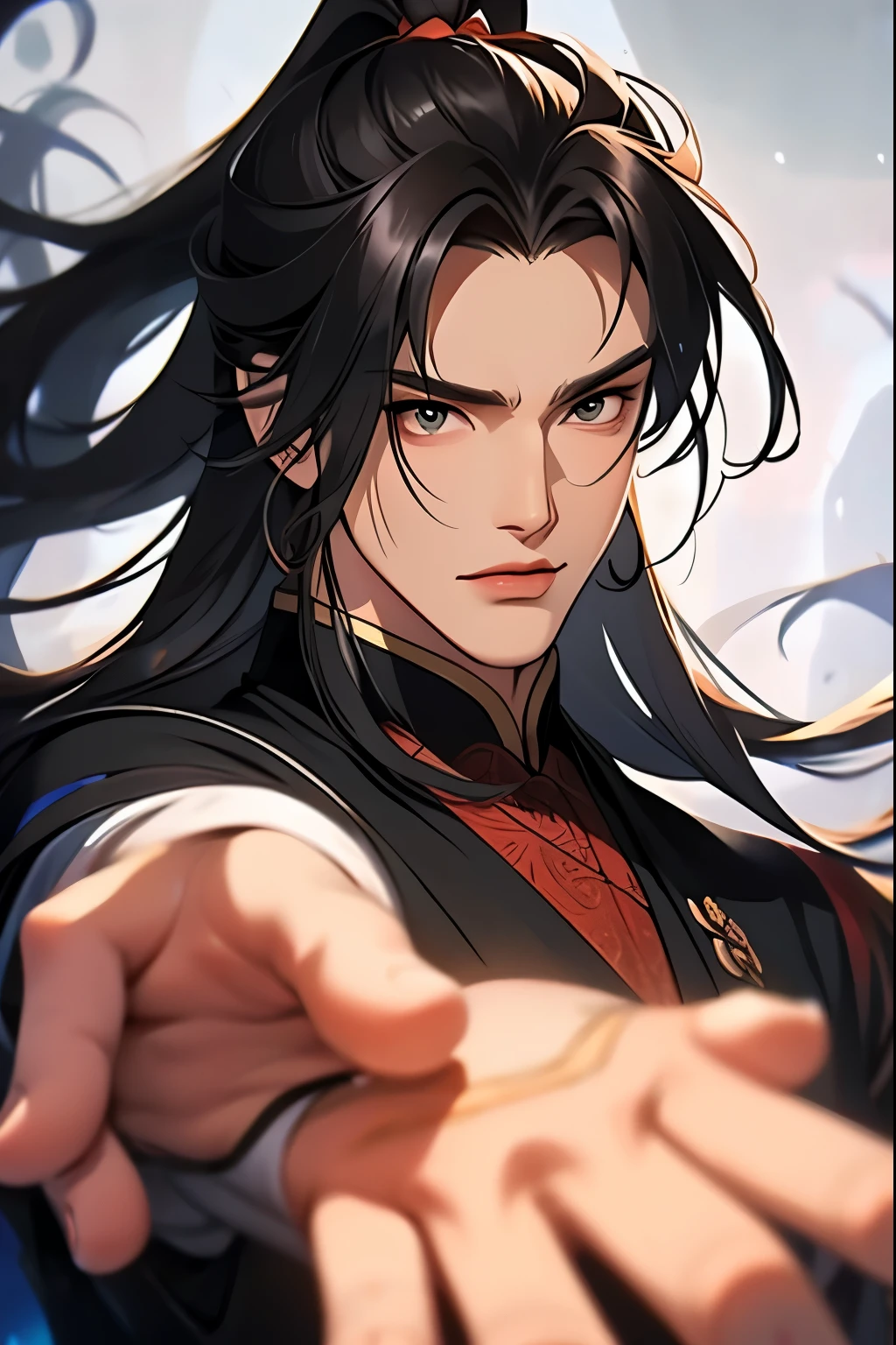 xianxia, Black Hanfu, Sateen, Alone, 1 boy, cabelos preto e longos, malefocus, black hair color hair, ear nipple ring, ribbons, hair ribbons, Wet with, looking-down, Wet with hair, bblurry background, white ribbons, bblurry, through bangs, shut up, sporty attire, A beautyful girl