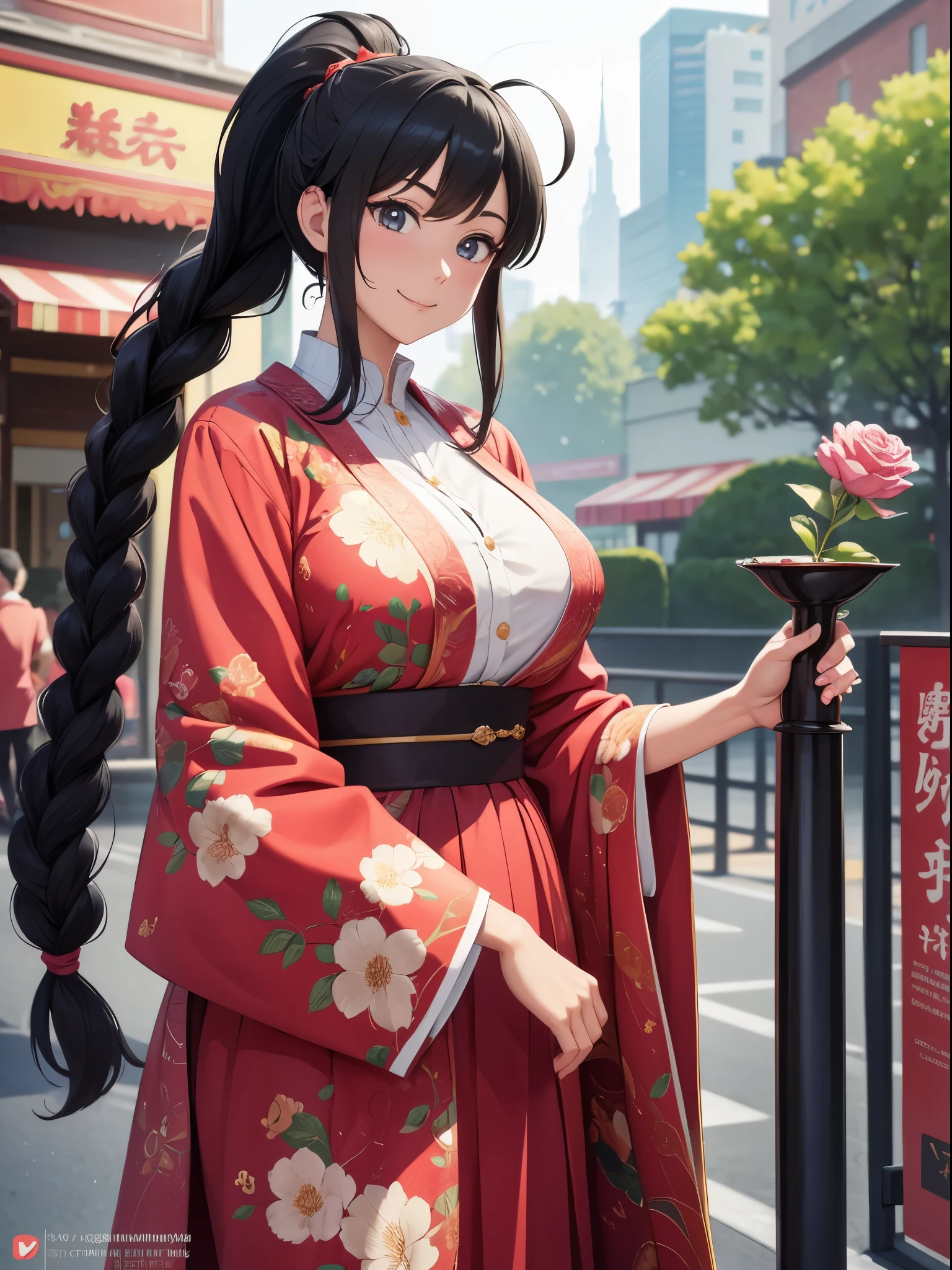 (masutepiece, Best Quality), Intricate details, 8K, art stations, Wallpaper, Official art, Splash Art, Sharp Focus,, 1girl in, masterpiece, best quality, ultra-detailed, extremely detailed, 4K, 8K, best quality, beautiful0,high-sence digital anime art,amusement park, new year,beautiful middle-aged woman,actor suit, beautiful black hair,big braid ponytail,ahoge,massive upperbody,kindly smile,flower effect,legendaly scene,happiness,forever
