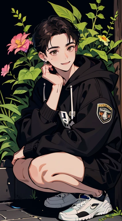 (absurdres, highres, ultra detailed, HDR), masterpiece, best quality, 1boy, solo, handsome, dark brown hair, finely eye and detailed face, forehead, mole under his eye, black oversized hood, (white shorts), sneaker, ear piecing, squatting, plant, flower, back alley background, smile, from above, look up