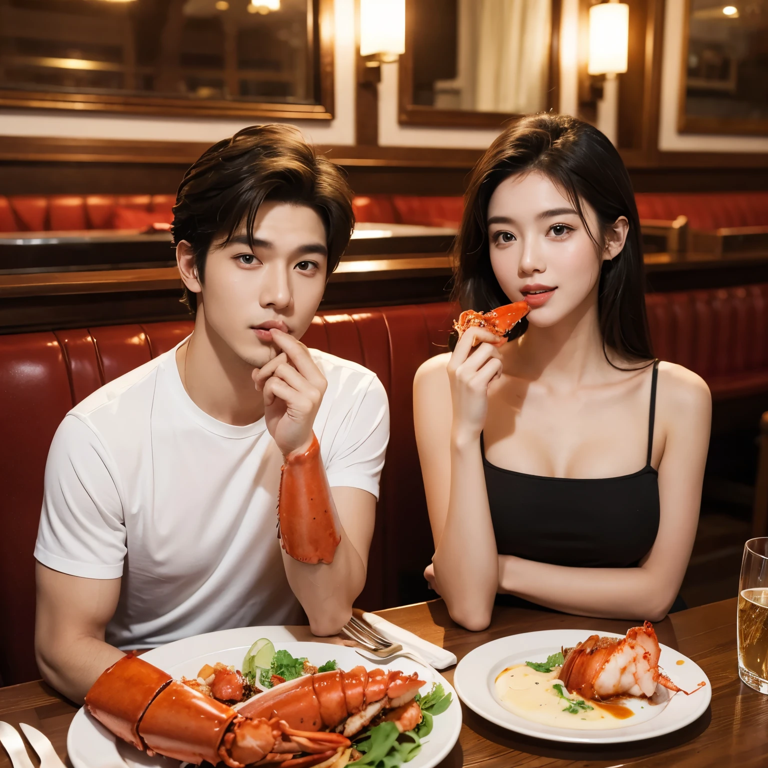 A young beauty and a handsome guy are eating lobster in a restaurant