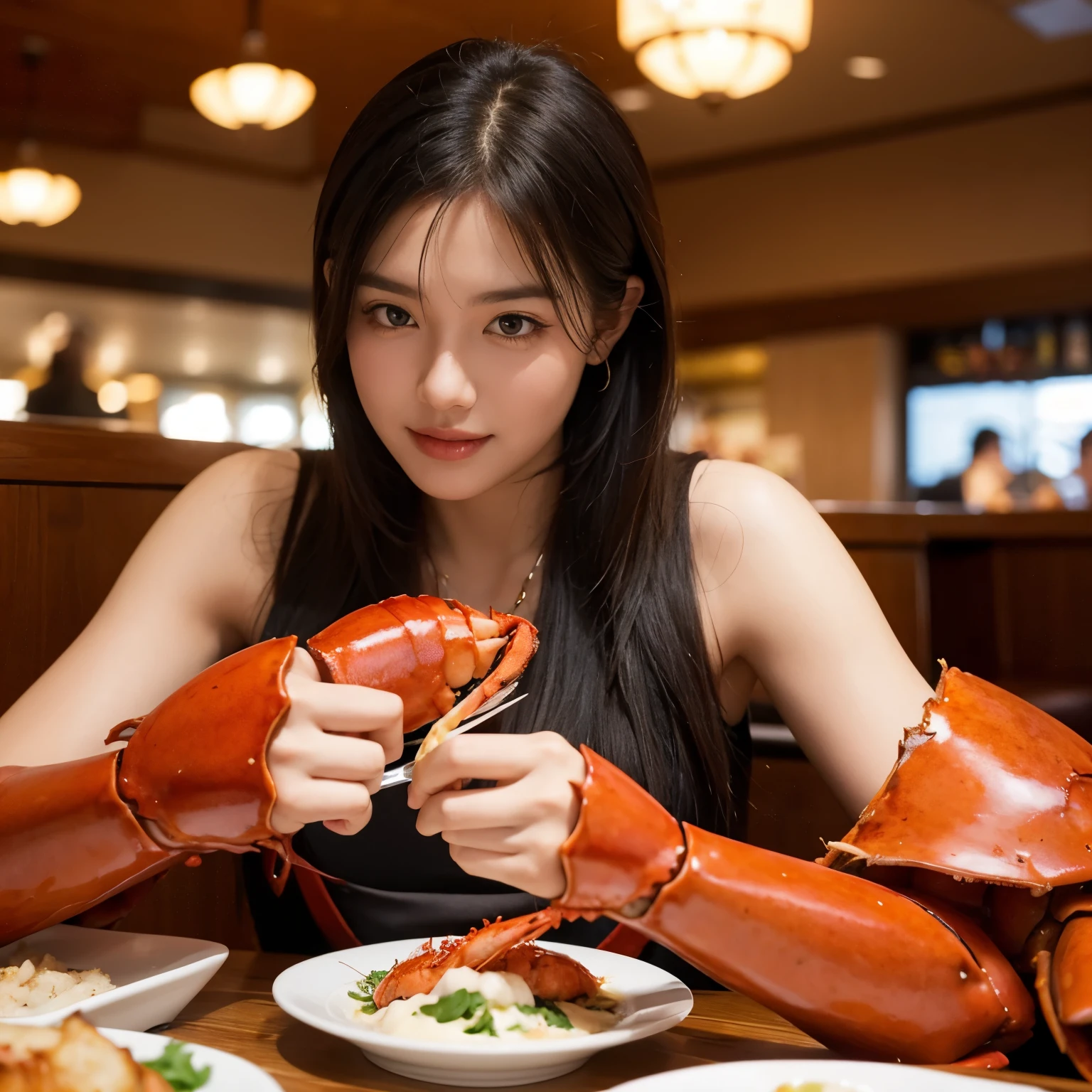 A young beauty and a handsome guy are eating lobster in a restaurant