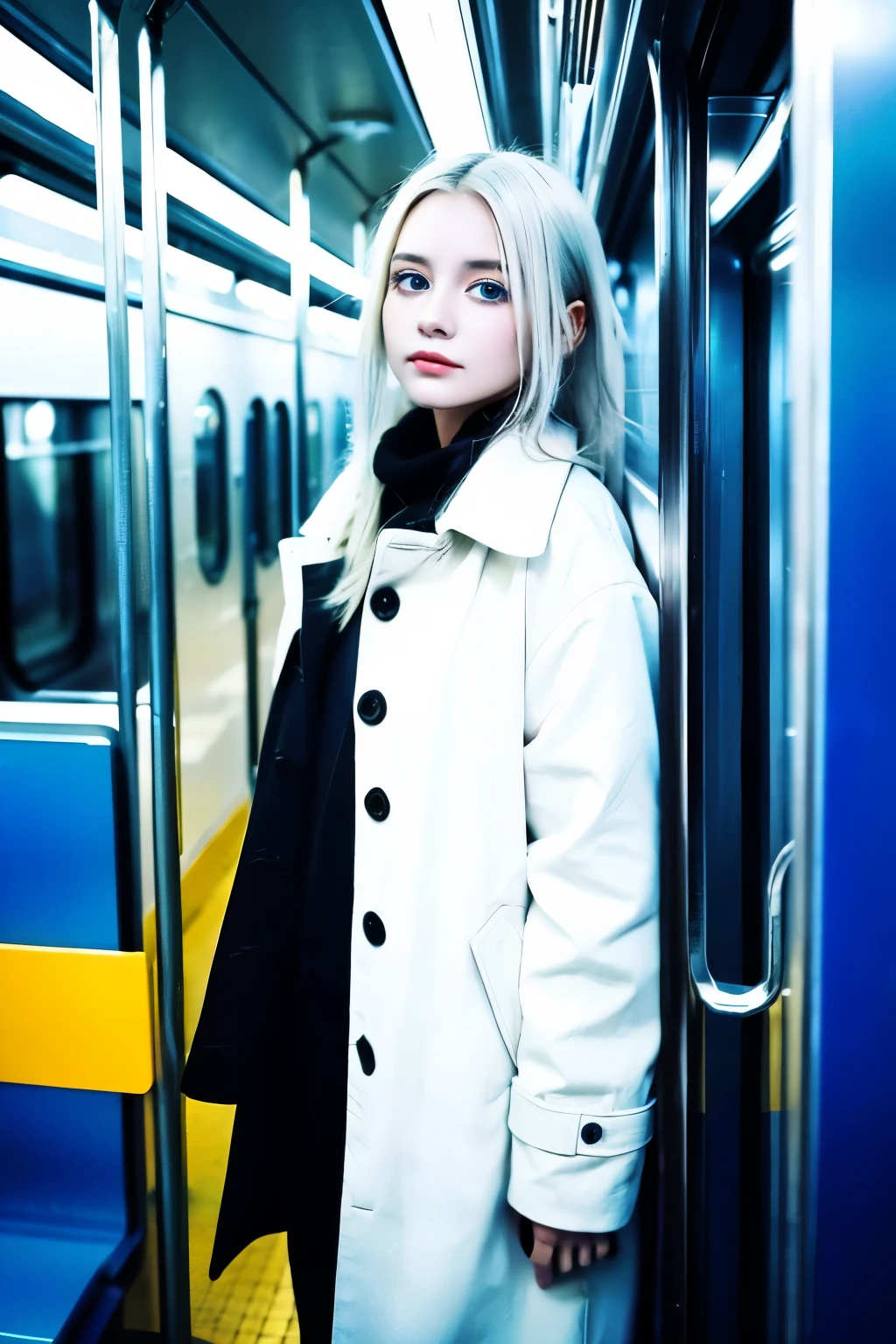 A beautiful girl with silver hair, white skin, and blue eyes, wearing a black coat and standing in a train, anime style, bright and colorful