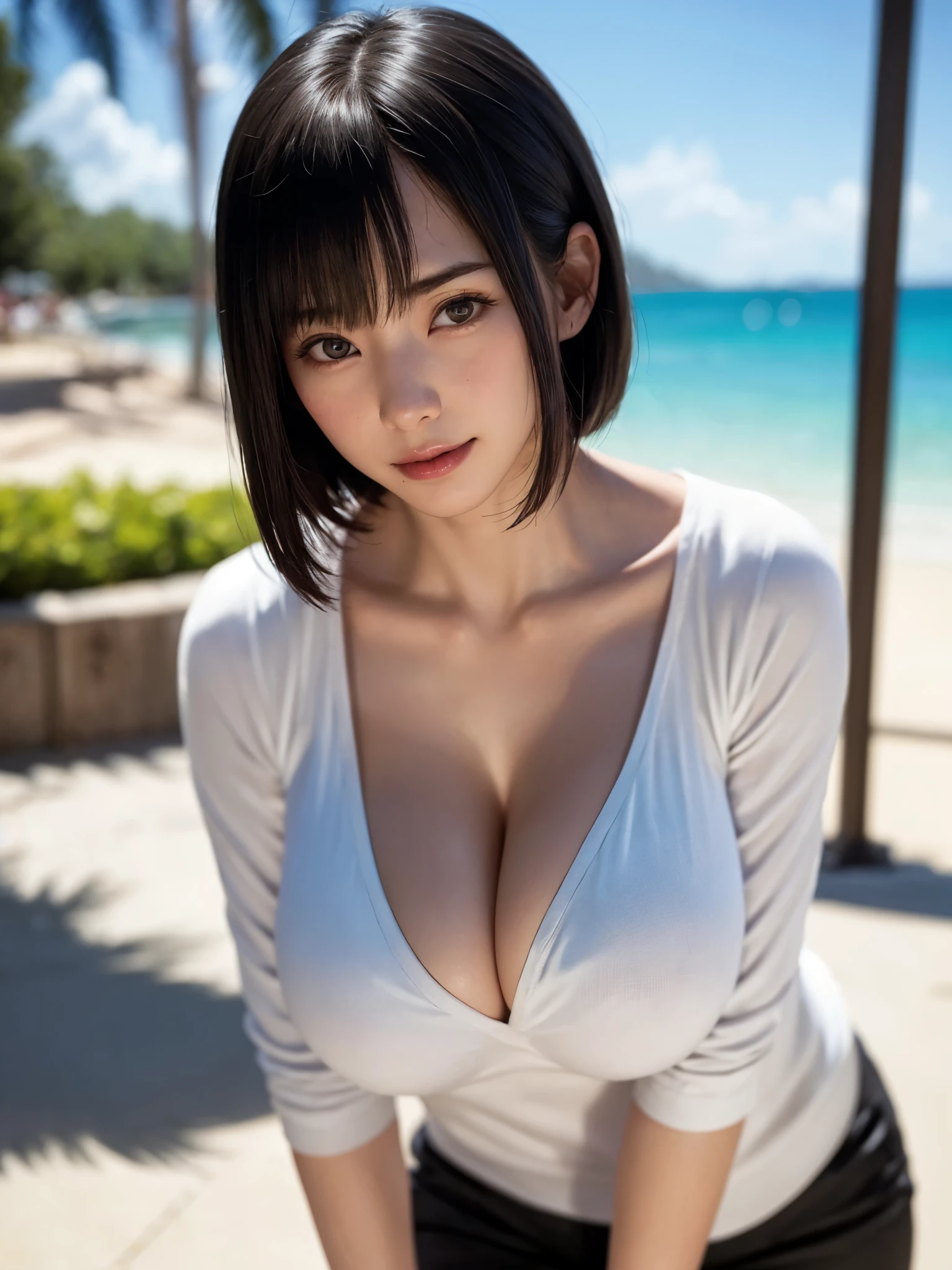 1人、top-quality、realisitic、独奏、depth of fields、natural soft light、during daytime、魅惑的、beauitful face、Cleanliness、Pure face、de pele branca、kawaii、short-hair、bangss、the beach、rays of sunshine、Nedium Breast Body Esbian、((Beautiful face with sweater golden ratio Beautiful face with symmetry))、long neck、Put your ears out、bangssのあるきれいな短いボブヘア、Smile with your mouth closed:1.7、perfect hand指、perfect hand、Perfect body、face perfect、Shine a light into the eyes、Perfect Anatomy:1.4、とてもkawaiiスーパーモデル:1.4、({Gigantic|Big|Huge|Mega} breasts:1.4, cleavage:1.4)