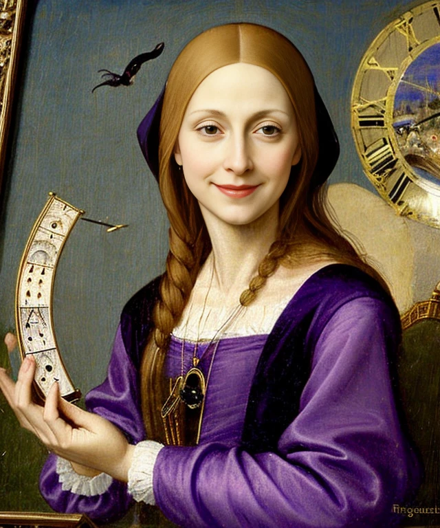 oil painting, beautiful female, evil female, (((wearing black-purple tunic))), (((messy hair, small bust))), (((evil smile))), (((holding a clock))), against large clock, highly detailed, realistic shaded perfect body, ultra realistic picture, (((renaissance art style, art by Hieronymus Bosch)))