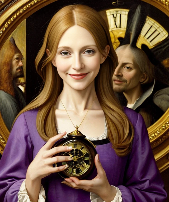 oil painting, beautiful female, evil female, (((wearing black-purple tunic))), (((messy hair, small bust))), (((evil smile))), (((holding a clock))), against large clock, highly detailed, realistic shaded perfect body, ultra realistic picture, (((renaissance art style, art by Hieronymus Bosch)))