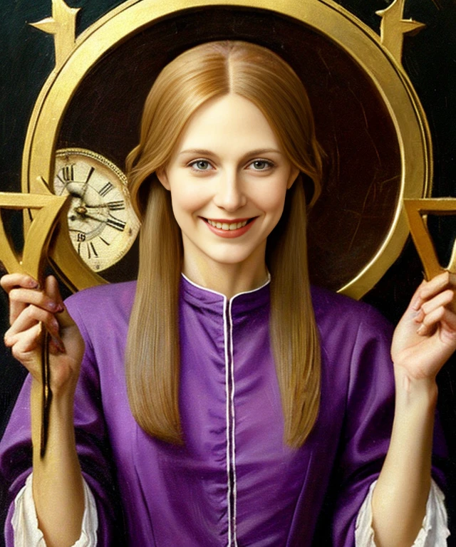 oil painting, beautiful female, evil female, (((wearing black-purple tunic))), (((messy hair, small bust))), (((evil smile))), (((holding a clock))), against large clock, highly detailed, realistic shaded perfect body, ultra realistic picture, (((renaissance art style, art by Hieronymus Bosch)))