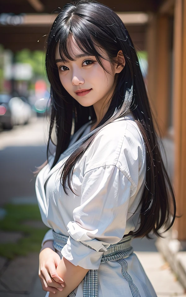masutepiece, The highest image quality, Beautiful Girl, 16 years old, Long hair, Black hair, Bangs, Pupils, White blouse, from waist up, Up close, Park, Detailed eyes, Big eyes, Depressed expression, facing front, photos realistic, realphoto, Double eyelids, japanaese girl, Beautiful Asian Girl, smile while crying, facing straight on,