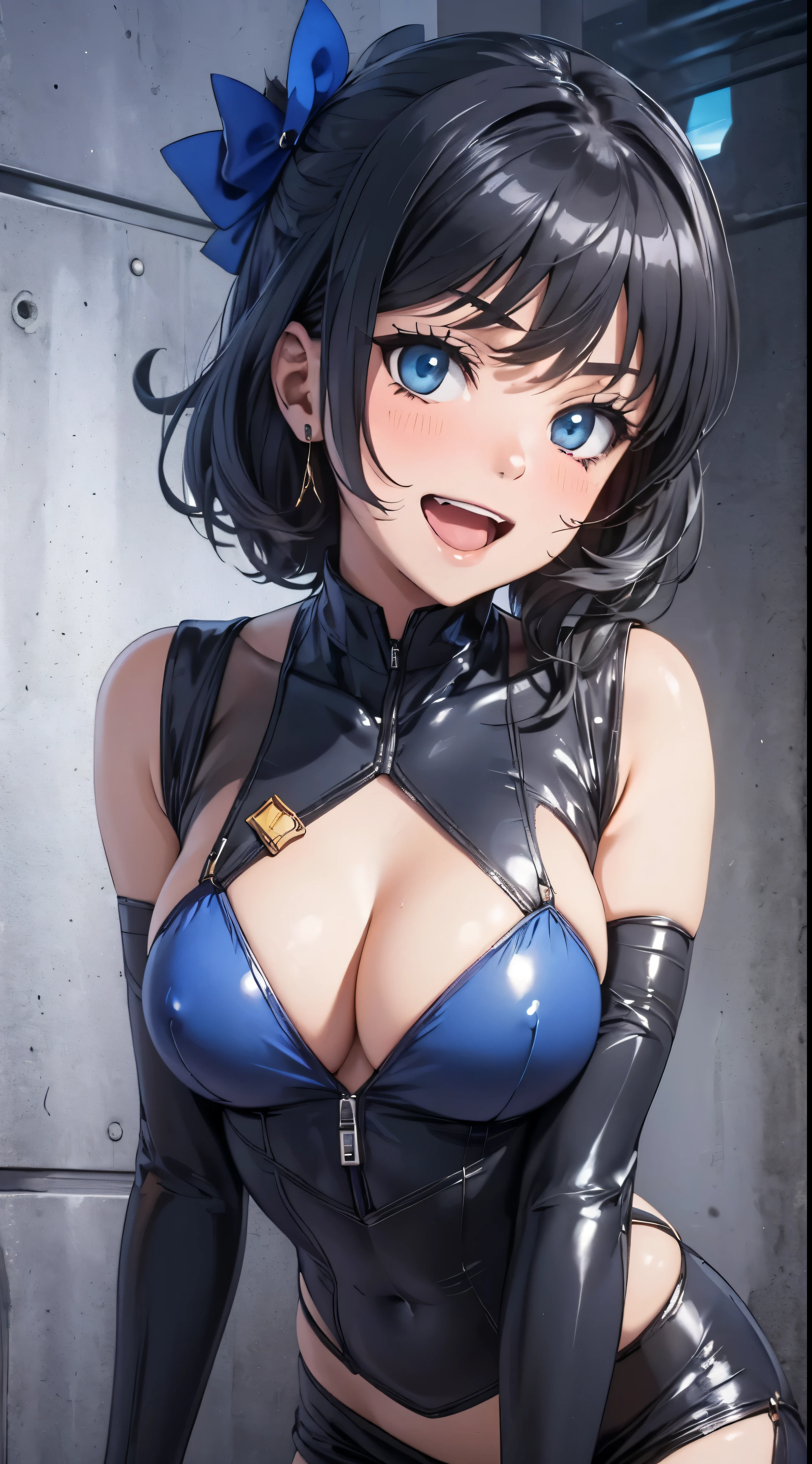 1womanl,Black hair,14years ,(()),Beautiful breasts,(((sexy white and blue shiny bodysuit)))(())(((Blushing cheeks、Smile with open mouth)),(((Satin Narico))),((( portlate))),Crowds,White and blue bodysuit,