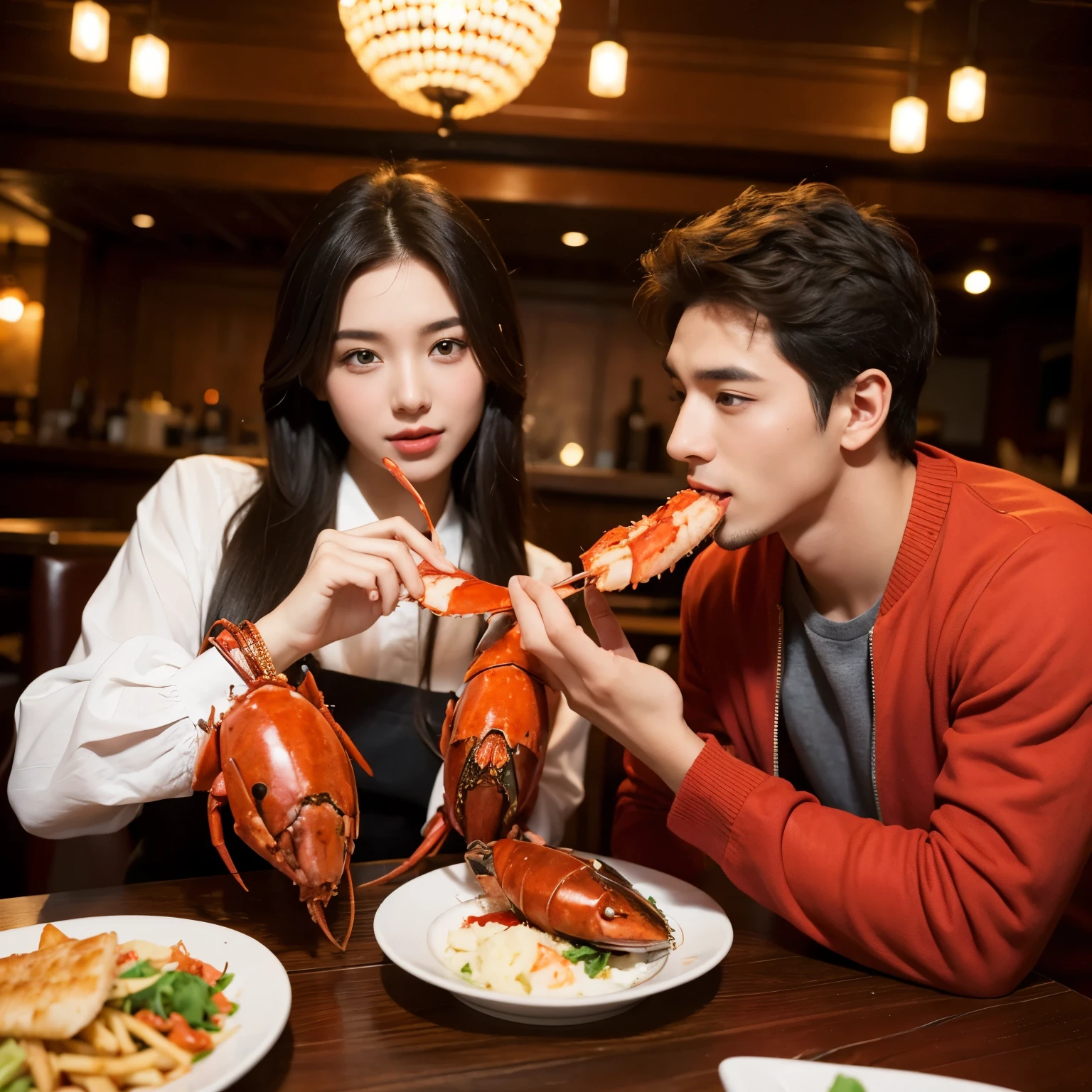 A young beauty and a handsome guy are eating lobster in a restaurant