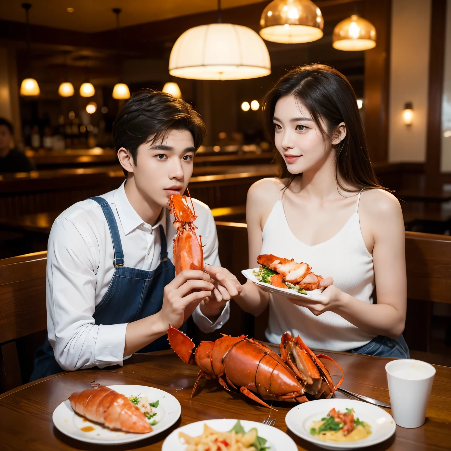 A young beauty and a handsome guy are eating lobster in a restaurant