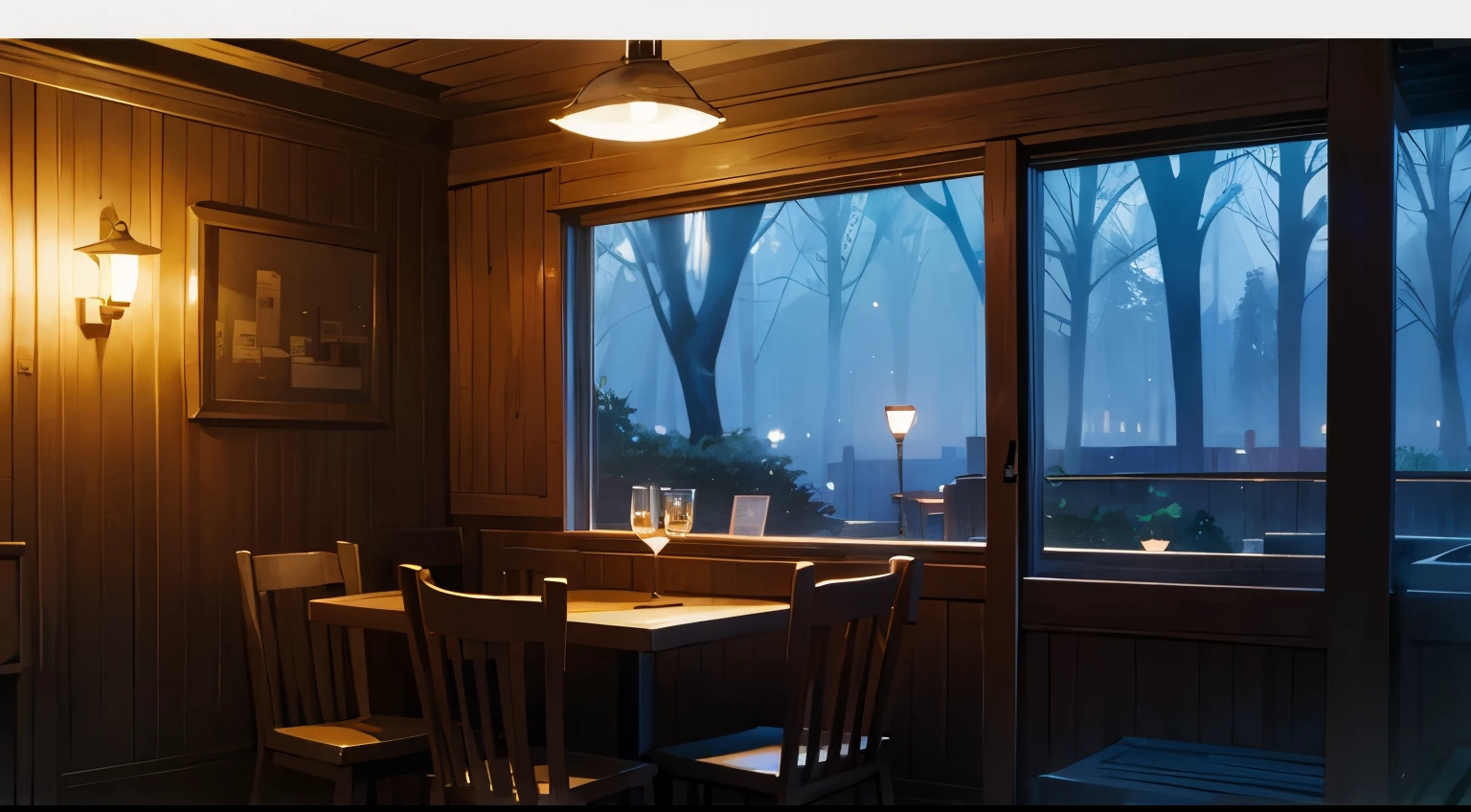 Cafe interior at night,Outside the window is the woods