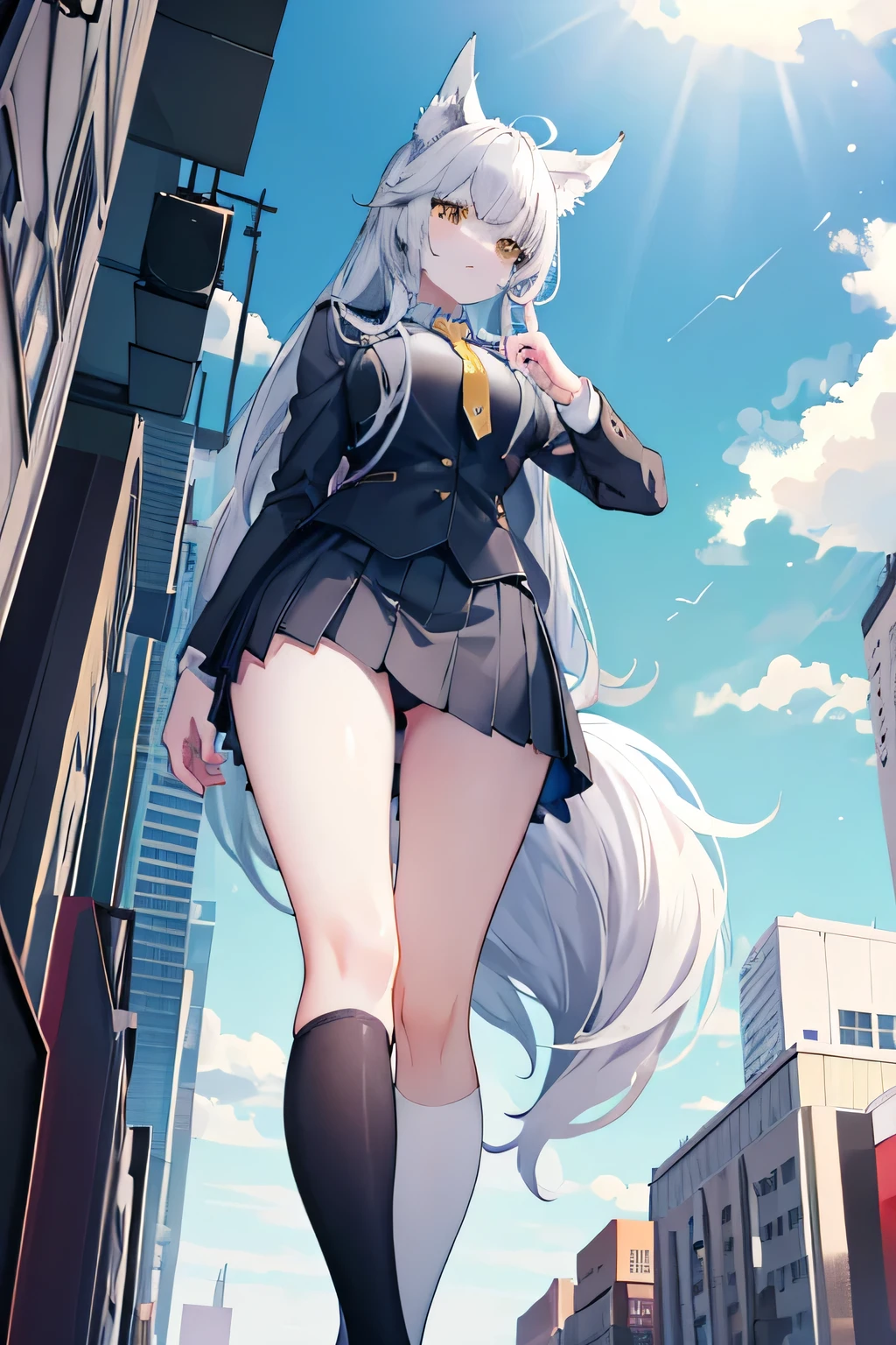 One lady　Detailed description　Best Quality　very tall stature　Wolf ears and tail　skin color is white　Beautiful yellow eyes　Silver hair with highlights　Beautiful thin thighs　a cool　Meat in the golden ratio　school blazer　School Shirts　skirt by the　neck tie　low angles　Gray pants　high quality pants　風で上に捲れるskirt by the　In the street　Panties are fully visible from below