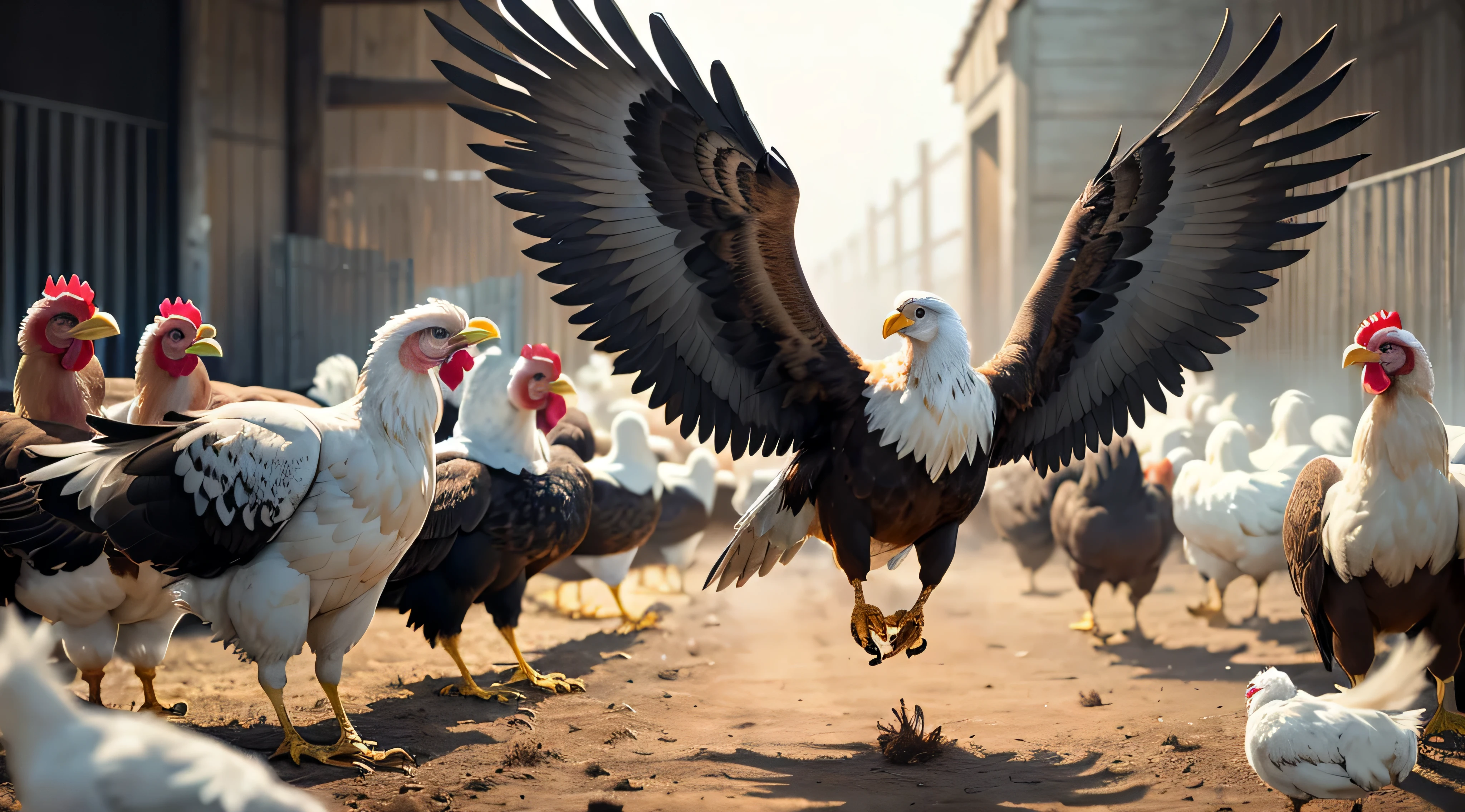 Realistic, Masterpiece, High Quality, Art. Visualize an image of a majestic eagle running around happily with chickens within a chicken farm. Its powerful wings are on display, but its demeanor and nature resemble that of an ordinary chicken.