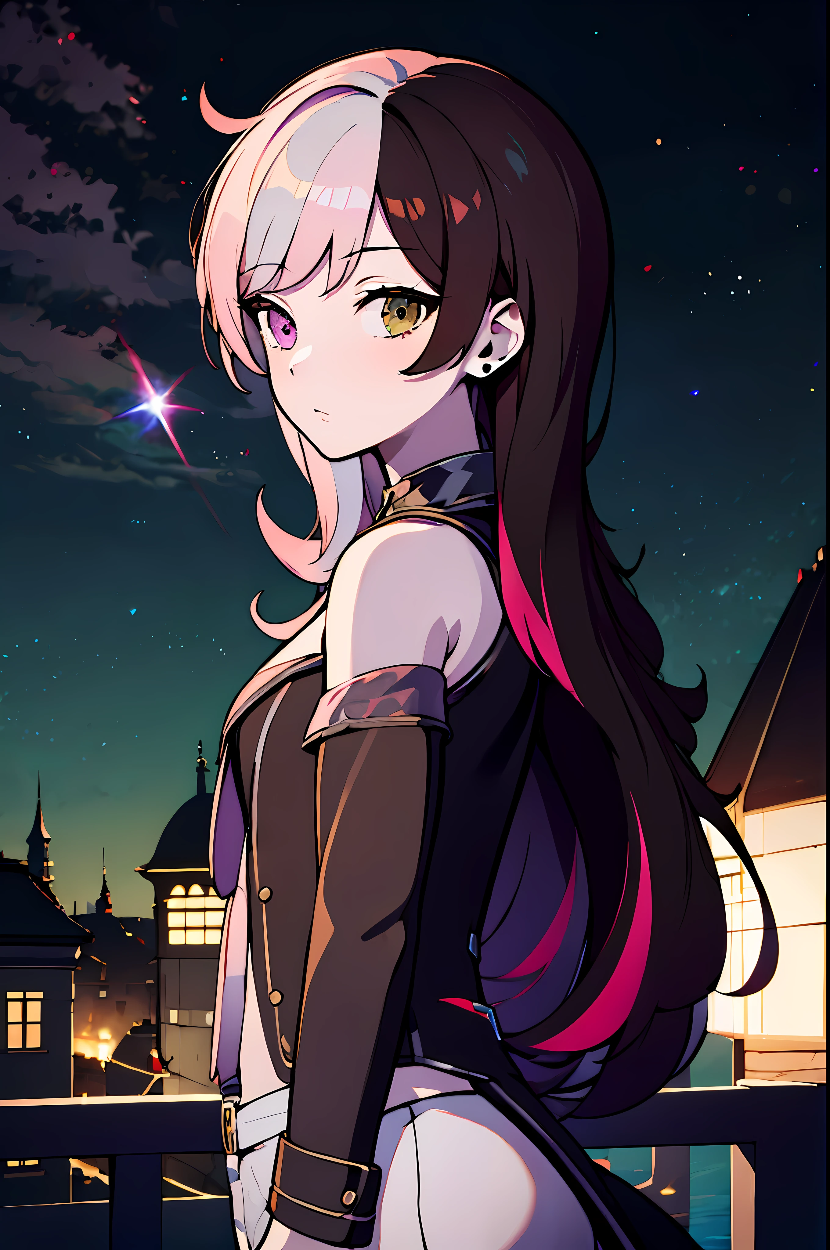 detailed, (masterpiece:1.2), (pale_skin), (solo:1.2), (female), (emphasis lines:1.3), slender, (multicolored_hair), outdoors, long hair, heterochromia, night, starry_sky