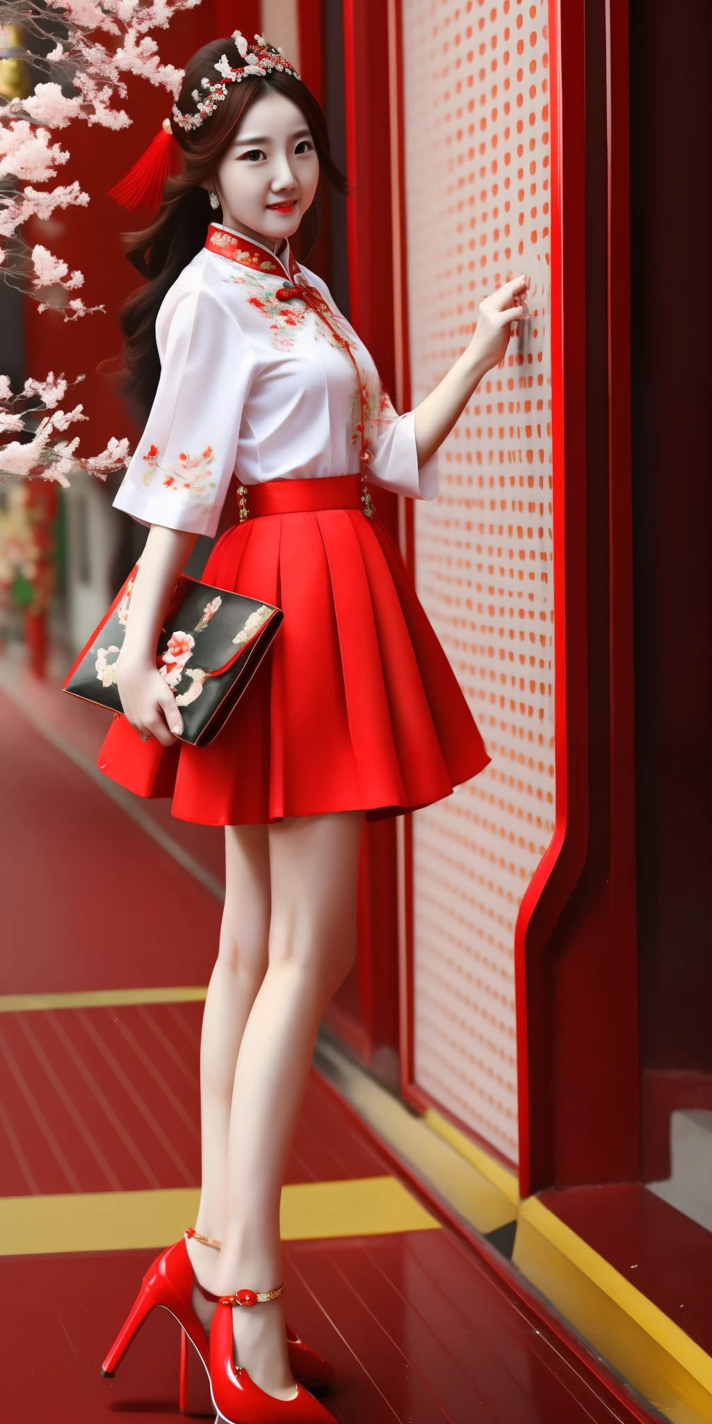 Chinese woman, beautiful, red skirt, long hair, high heels, HD, --auto --s2