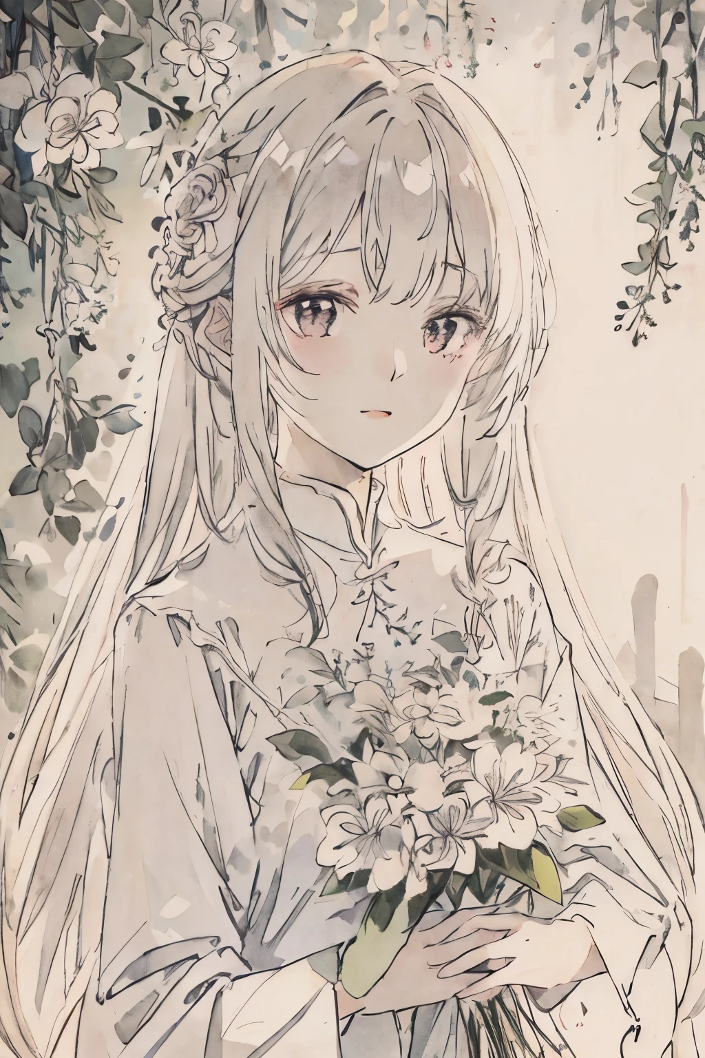 pale light、robe blanche、Ren Hao、flower bouquet、length hair、Light color、Soft lighting、up of face