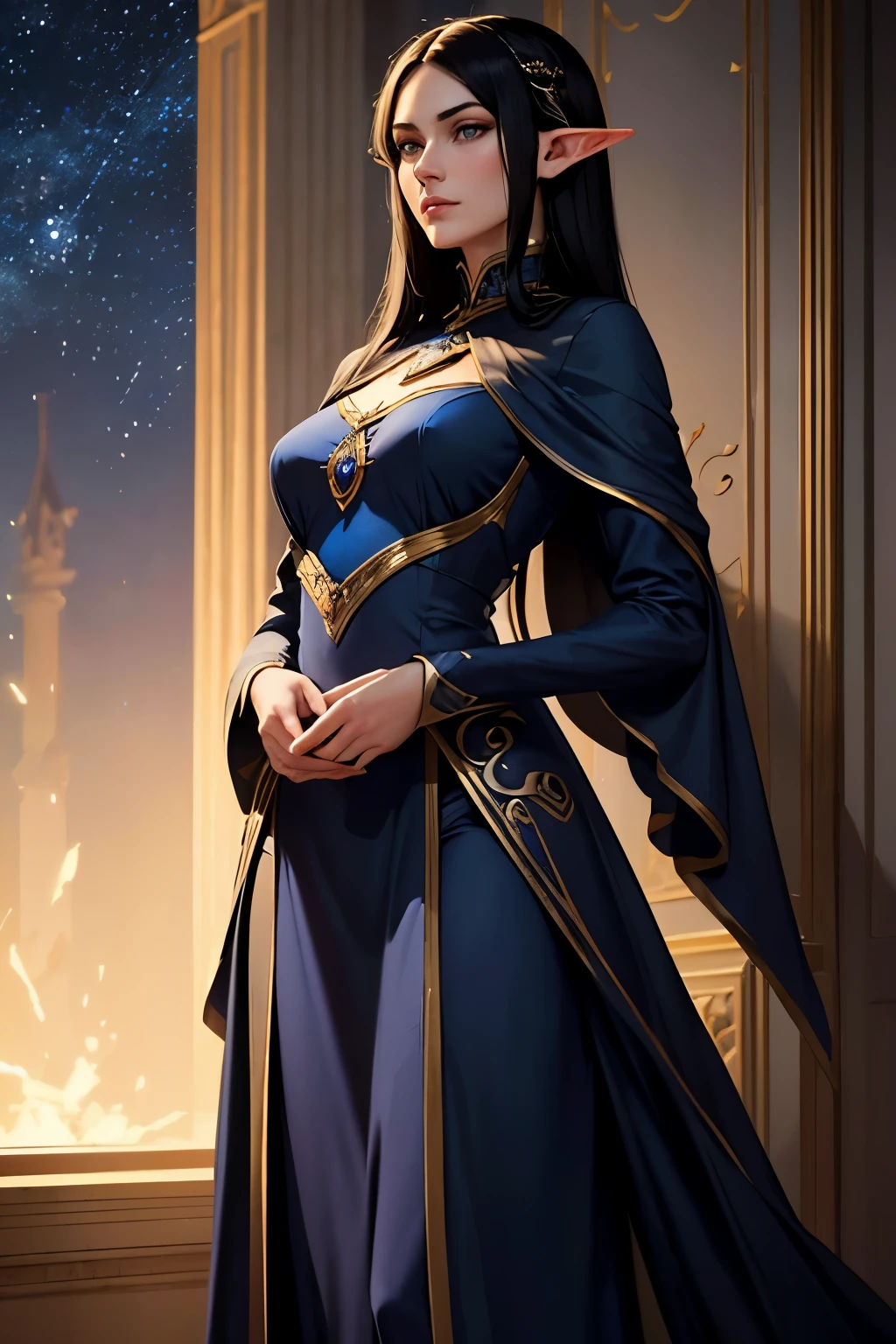 A woman with cape golden eyes blue clothes in a posque 