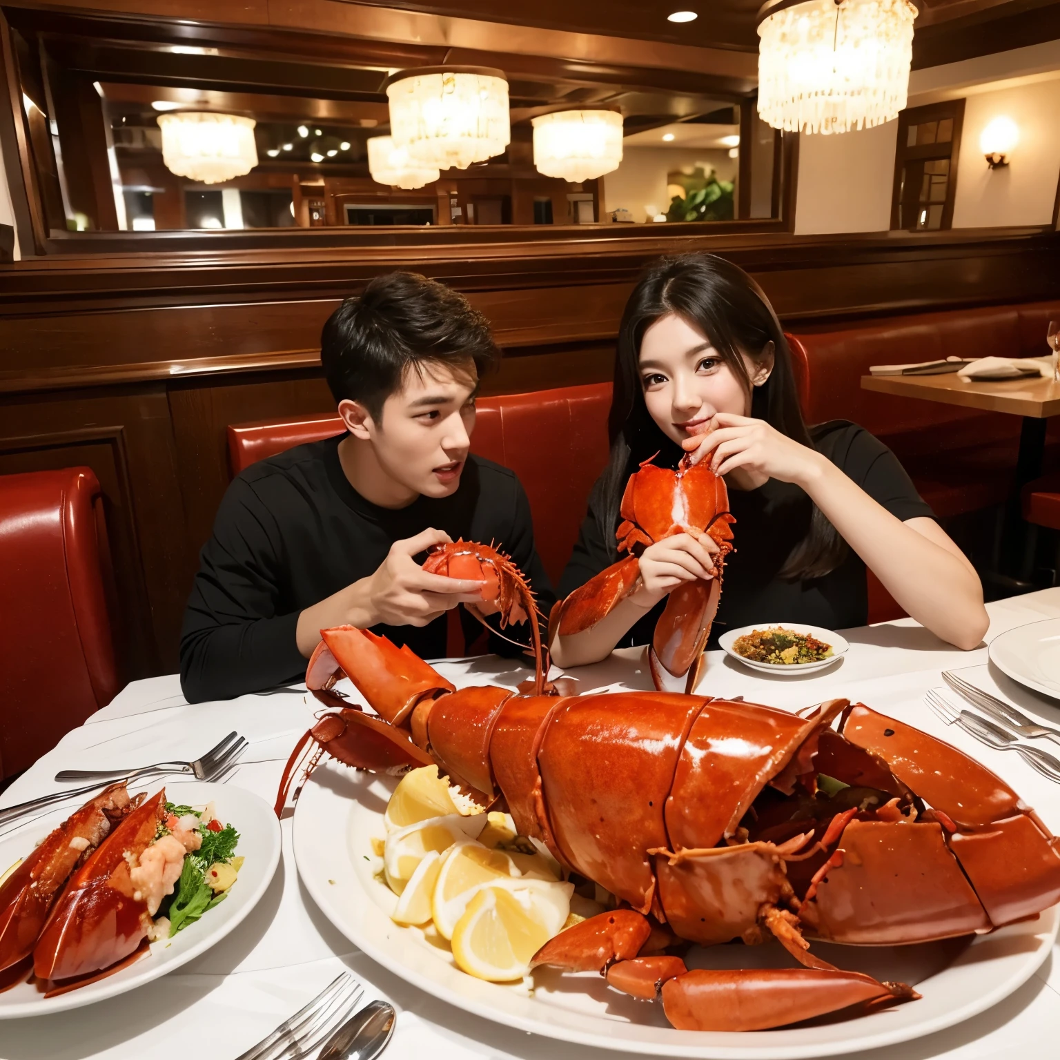 A young beauty and a handsome guy are eating lobster in a restaurant,The lobster is very big,As high as a house