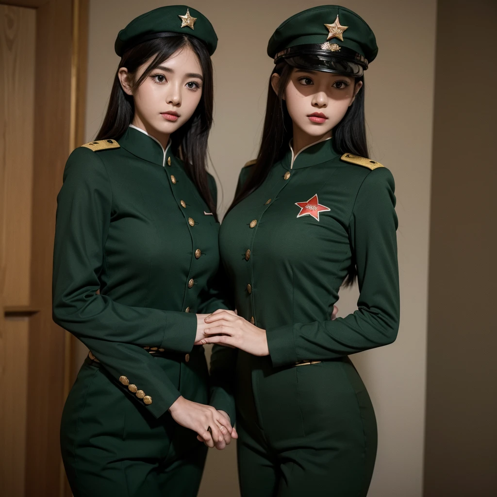 A man wearing a dark green tight-fitting uniform，Female soldier holding hands on chest。There is a red star on the hat。