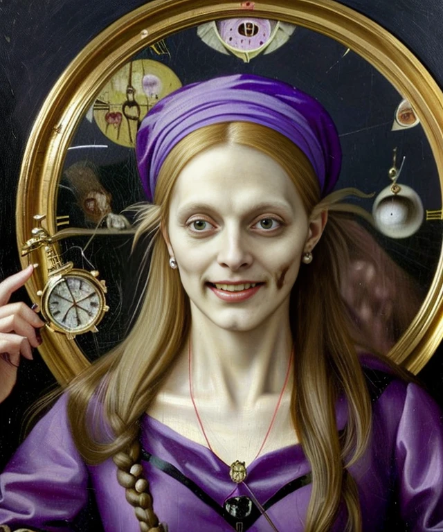 oil painting, beautiful female, evil female, (((wearing black-purple greek clothes))), (((messy hair, small bust))), (((zombie eyes, evil smile))), (((holding a clock))), against large clock, highly detailed, realistic shaded perfect body, ultra realistic picture, (((renaissance art style, art by Hieronymus Bosch)))