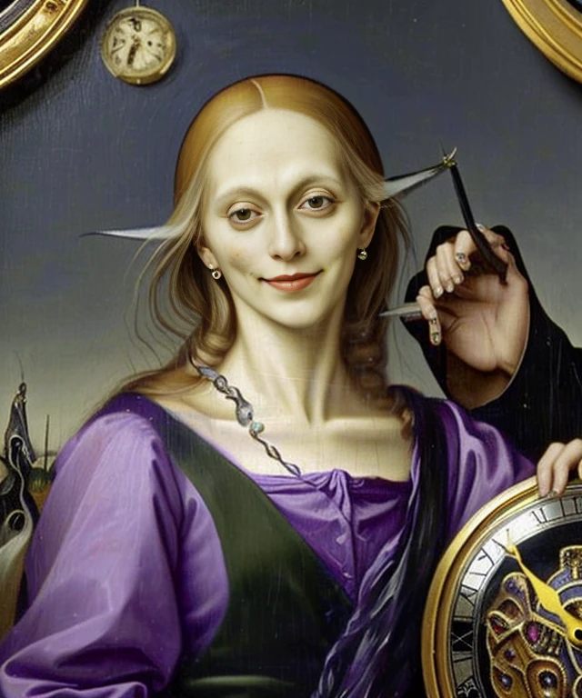 oil painting, beautiful female, evil female, (((wearing black-purple greek clothes))), (((messy hair, small bust))), (((zombie eyes, evil smile))), (((holding a clock))), against large clock, highly detailed, realistic shaded perfect body, ultra realistic picture, (((renaissance art style, art by Hieronymus Bosch)))