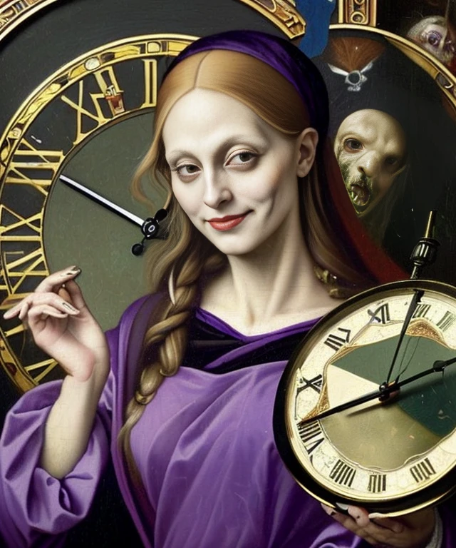 oil painting, beautiful female, evil female, (((wearing black-purple greek clothes))), (((messy hair, small bust))), (((zombie eyes, evil smile))), (((holding a clock))), against large clock, highly detailed, realistic shaded perfect body, ultra realistic picture, (((renaissance art style, art by Hieronymus Bosch)))