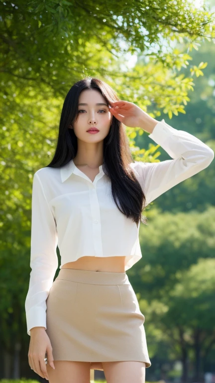 Image of one woman、Extraordinary Beauty、Transcendent beauty、Supermodel body type、well-muscled、Height: 180cm、Perfect style、Noble lady、adult lady、Age is 29 years old、Slender Beauty、Elegant behavior、Beautiful face、Gentle eyes、dignified expression、long lashes、面長、The nasal muscles are passing through、Confident attitude、Long black hair、Beautiful black hair、stright long hair、Hair is straight、Smaller chest、Beautiful fingertips、slender、Beautiful abs、long supple legs、Open your crotch、Outstanding style、Crystal clear skin、underwear、fullbody image、Ultra high-definition images、The background is a sunny park、８k、goddes、Elegant appearance、Appearance that gives a good impression、most beautiful appearance、Gorgeous、Looks like a real woman、no-makeup、T-shirt and short skirt、