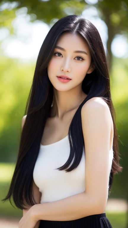 Image of one woman、Extraordinary Beauty、Transcendent beauty、Supermodel body type、well-muscled、Height: 180cm、Perfect style、Noble lady、adult lady、Age is 29 years old、Slender Beauty、Elegant behavior、Beautiful face、Gentle eyes、dignified expression、long lashes、面長、The nasal muscles are passing through、Confident attitude、Long black hair、Beautiful black hair、stright long hair、Hair is straight、Smaller chest、Beautiful fingertips、slender、Beautiful abs、long supple legs、Open your crotch、Outstanding style、Crystal clear skin、underwear、fullbody image、Ultra high-definition images、The background is a sunny park、8k、goddes、Elegant appearance、Appearance that gives a good impression、most beautiful appearance、Gorgeous、Looks like a real woman、no-makeup、T-shirt and short skirt、