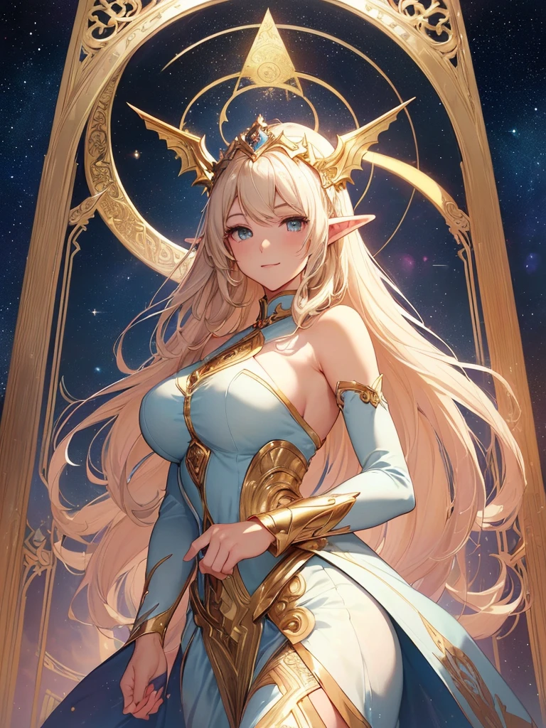 top-quality、Top image quality、masterpiece、Super beautiful elf beauty((22 years old OL big bust、Bust 90,beautiful long ironed hair、a blond、globe、、A slender、a closeup、Esbian、beautiful tiara、hiquality、Beautiful Art、Background with((starrysky)))masutepiece、visualart、depth of fields、low angle of morning sky、、Elven ears、、light magic、Space Knight、harp melody🎵、Happy smile、Gentle light、、Beautiful legs that are gentle on the skin、、、Number of fingers to achieve precise finger movements、ticker beautiful decorative dress、elegent、Mystical Rosa、 Heaven、Marble pillars, beautiful dressy、magnificent marble dome、Huge galaxy、religious painting、holding the earth、Temple of Time、Great watch、hour glass、sundial、moment of creation!myth、alphonse mucha art、art noveau、byzantine art、folding screen picture、gold foil、Raphael's paintings、Renaissance art、Giant White Dragon、The dragon