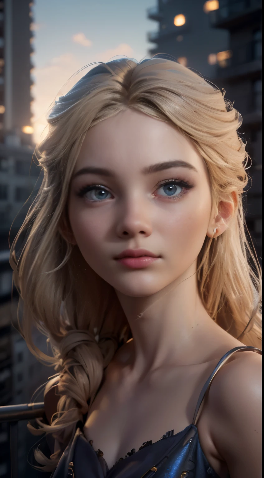 photo of Freya Allan, RAW, beautiful woman, ((portrait)), ((detailed face:1.2)), ((detailed facial feature, detailed skin, clear skin), (perfect proportioned body), kneeling looking up at camera, (wearing a colorful dress) (high detailed city environment, apartment balcony), (realistic photo, best quality, detailed), (8k wallpaper), (cinematic lighting, dramatic lighting) (sharp focus, intricate)