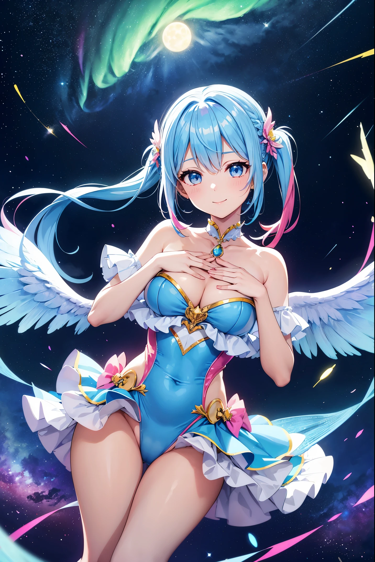 Super Idol Beautiful girl with big iridescent wings on her back A charming smile sky blue hair length hair Twin-tailed White and red、blue and yellow、verdant、pink there、A frilly leotard costume you've never seen before Looking at the camera、Fantasia constellation a moon Crystal Brilliance Aurora Borealis in the Night Sky