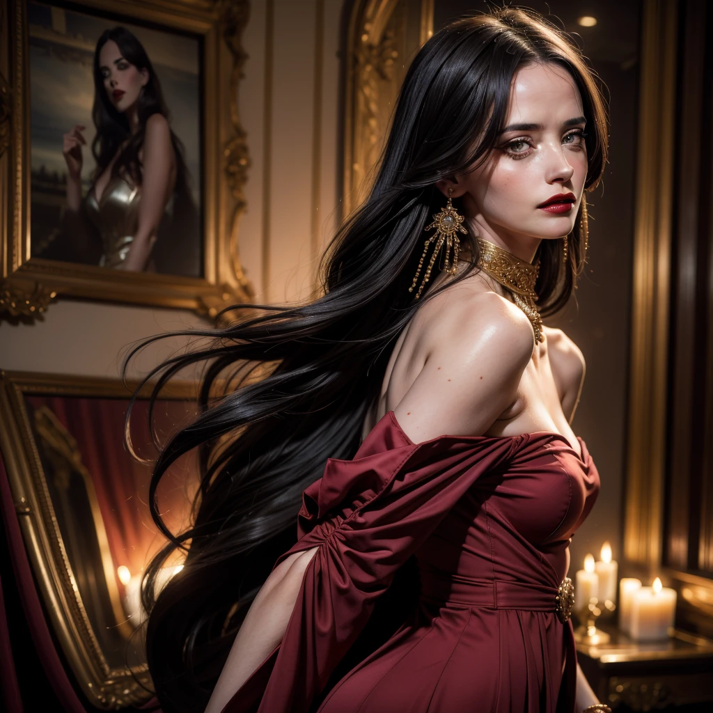 eva green (8k, 4k, best quality, highres, ultra high res:1.1), (masterpiece, realistic, photo-realistic:1.1), 1 girl, face, full body shot, red lips, (looking at viewer:2), absurdly long hair, long eyelashes, eyeshadow, small face, big eyes, fair skin, bare shoulders, high contrast, elaborate sexy dress, elaborate jewelry, sensual vampire