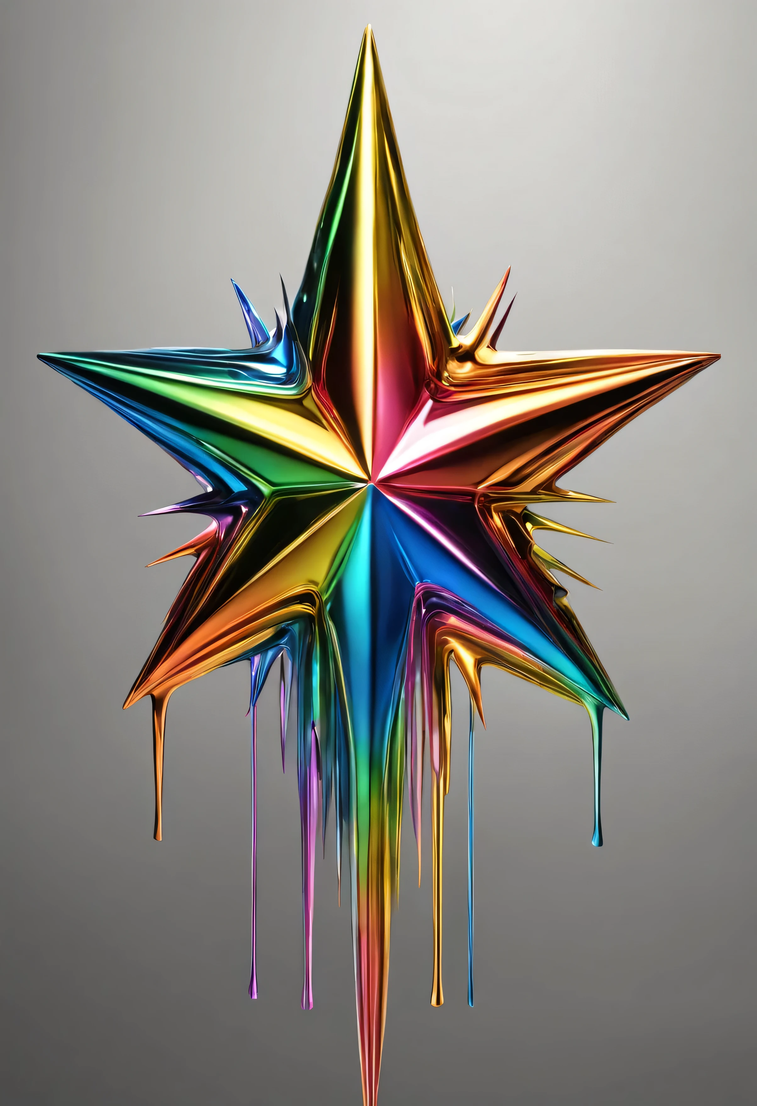 a single multi colored liquid metal pointed star, plain background HD