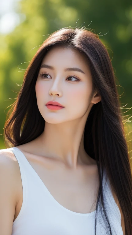 Image of one woman、Extraordinary Beauty、Transcendent beauty、Angle looking up from bottom、Supermodel body type、well-muscled、Height: 180cm、Perfect style、Noble lady、adult lady、Age is 29 years old、Slender Beauty、Elegant behavior、Beautiful face、Gentle eyes、dignified expression、long lashes、面長、The nasal muscles are passing through、Confident attitude、Long black hair、Beautiful black hair、stright long hair、Hair is straight、Smaller chest、Beautiful fingertips、slender、Beautiful abs、long supple legs、Open your crotch、Outstanding style、Crystal clear skin、underwear、fullbody image、Ultra high-definition images、The background is a sunny park、8k、goddes、Elegant appearance、Appearance that gives a good impression、most beautiful appearance、Gorgeous、based on real people、no-makeup、T-shirt and short skirt、