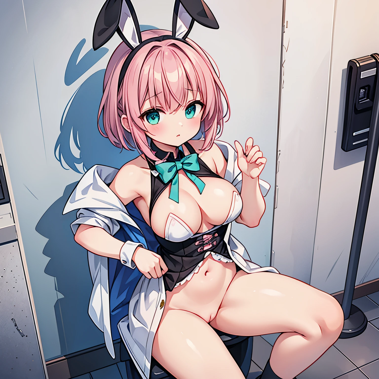 Cute girl with doll body, body is made of metal, short and pink haired, with green bunny ribbon on her head, no clothes and showing her boobs and pussy, she's in a bathroom