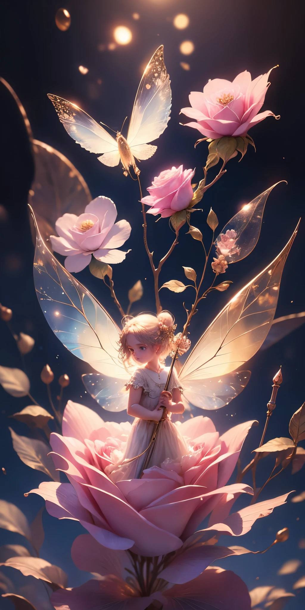 Beautiful transparent flower fairy baby, Transparent colorful wings, The wand fluttered in the wind､The wand flashed with starlight，Golden wand，Beautiful blue sky and white clouds、Girls have transparent wings､smile kindly､Beautiful garden background､Gentle and transparent，Anatomical correct, delicate patterns，Pink rose space, gentlesoftlighting, ( bokeh)，tmasterpiece, 超詳細, Epic work, Best quality at best, 8K，Epic Romantic Fantasy Digital Art，Epic fairy tale fantasy digital art，Myth and fantasy，UHD resolution，Detailed detail drawing，realistically，Very realistic，电影灯光,an award winning photograph,plethora of colors，Hyper-realistic and realistic texture，dramatic lights