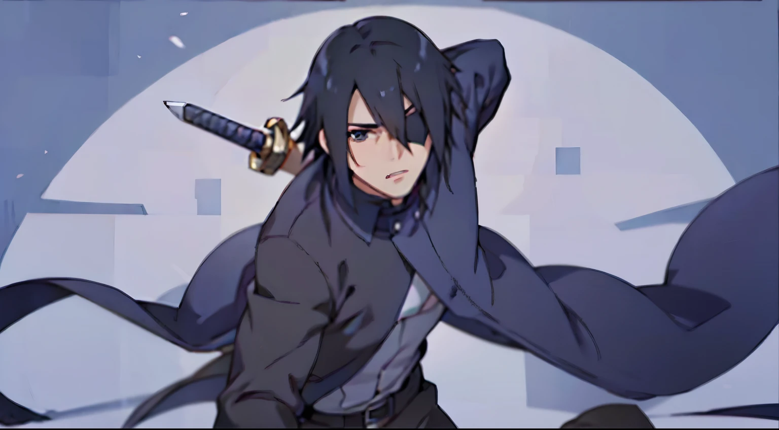full body, black-haired character standing, he has an eye patch covering his left eye, black clothes, he has a sword