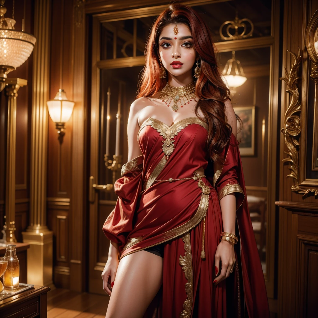 pryanka chopra, (8k, 4k, best quality, highres, ultra high res:1.1), (masterpiece, realistic, photo-realistic:1.1), 1 girl, face, full body shot, red lips, (looking at viewer:2), absurdly long red hair, long eyelashes, eyeshadow, small face, big green eyes, fair skin, bare shoulders, high contrast, elaborate sexy dress, elaborate jewelry, sensual