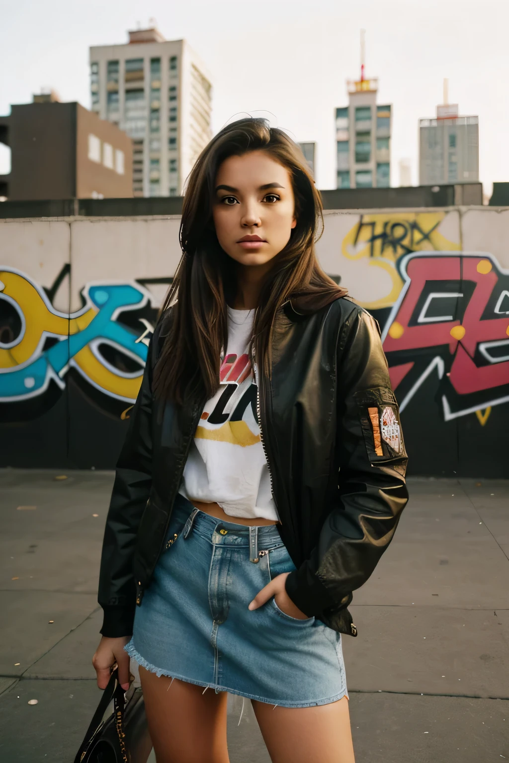 shot of a brunette girl in casual outfit with urban background, shot on a kodak 4000 gold The setting is a vibrant cityscape with street art, graffiti, and modern architecture serving as the backdrop. The goal is to create a dynamic and visually striking series of images that capture the essence of an urban jungle.