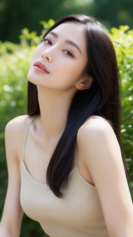 Image of one woman、Extraordinary Beauty、Transcendent beauty、Angle looking up from bottom、Supermodel body type、well-muscled、Height: 180cm、Perfect style、Noble lady、adult lady、Age is 24age、Slender Beauty、Elegant behavior、Beautiful face、Gentle eyes、dignified expression、long lashes、面長、The nasal muscles are passing through、Confident attitude、Long black hair、Beautiful black hair、stright long hair、Hair is straight、Smaller chest、Beautiful fingertips、slender、Beautiful abs、long supple legs、Open your crotch、Outstanding style、Crystal clear skin、underwear、fullbody image、Ultra high-definition images、The background is a sunny park、8k、goddes、Elegant appearance、Appearance that gives a good impression、most beautiful appearance、Gorgeous、based on real people、no-makeup、T-shirt and short skirt、