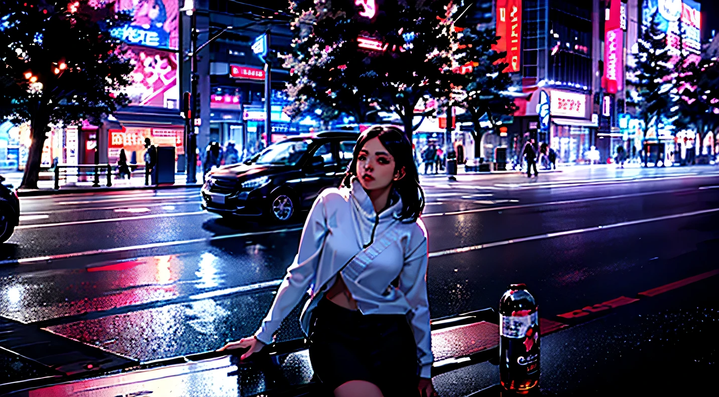 Seductive woman in a white jacket and slit skirt standing on a bench in the city at night, Sports car running behind her on the streets of Tokyo, sitting in tokyo, in Tokyo under, In the streets of Tokyo, ネオin Tokyo under, ネオin Tokyo under, taken in 2 0 2 0, in city street, in the city street, posing in neo - tokyo futuristic, chiho, In the city, standing in a city center, Super vibrant (Cyberpunk), ((Beautiful and perfect eyes)), (NSFW)