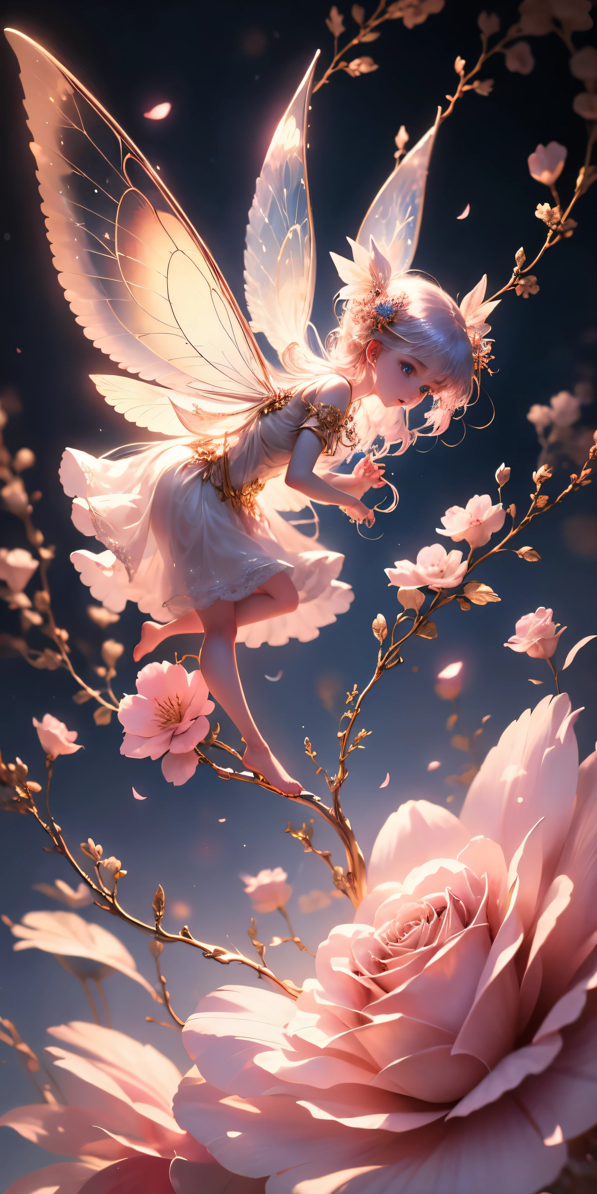 Beautiful transparent flower fairy baby, Transparent colorful wings, The wand fluttered in the wind、The wand flashed with starlight,Golden wand,Beautiful blue sky and white clouds、Girls have transparent wings、smile kindly、Beautiful garden background、Gentle and transparent,Anatomical correct, delicate patterns,Pink rose space, gentlesoftlighting, ( bokeh),tmasterpiece, ultra - detailed, Epic work, Best quality, 8K,Epic Romantic Fantasy Digital Art,Epic fairy tale fantasy digital art,Myths and Fantasy,UHD resolution,Detailed detail drawing,realistically,Very realistic,电影灯光,an award winning photograph,many color,Hyper-realistic texture,dramatic lights