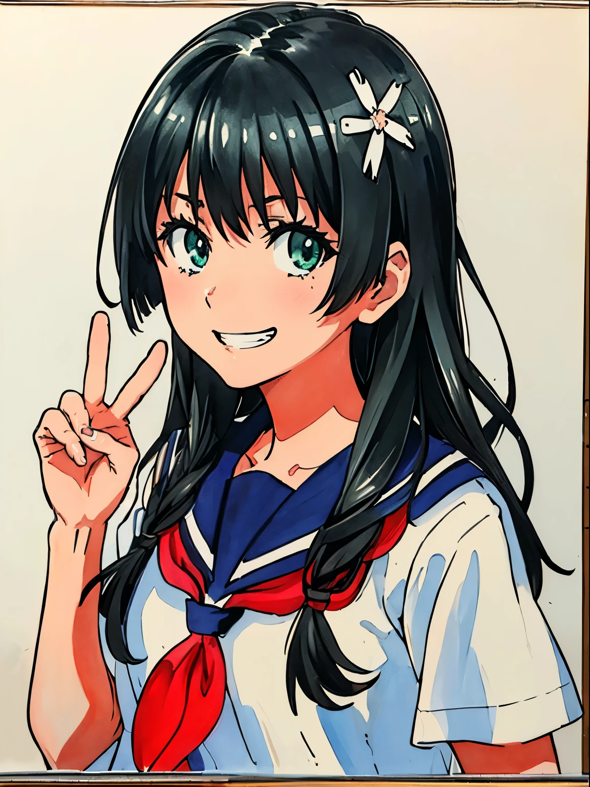 (traditional media:1.6), simple background, 1girl in, Saten Ruiko, Long hair, Dark hair, Green eye, Dynamic Angle, POV, looking to viewer, grin. sailor uniform / serafuku, ✌️，monochrome