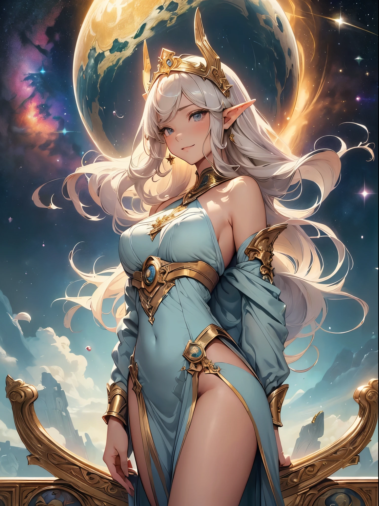 top-quality、Top image quality、masterpiece、Super beautiful elf beauty((22 years old OL big bust、Bust 90,beautiful long ironed hair、a blond、globe、、A slender、a closeup、Esbian、beautiful tiara、hiquality、Beautiful Art、Background with((starrysky)))masutepiece、visualart、depth of fields、low angle of morning sky、、Elven ears、、light magic、Space Knight、harp melody🎵、Happy smile、Gentle light、、Beautiful legs that are gentle on the skin、、、Number of fingers to achieve precise finger movements、ticker beautiful decorative dress、elegent、Mystical Rosa、 Heaven、Marble pillars, beautiful dressy、magnificent marble dome、Huge galaxy、religious painting、holding the earth、Temple of Time、Great watch、hour glass、sundial、moment of creation!myth、alphonse mucha art、art noveau、byzantine art、folding screen picture、gold foil、Raphael's paintings、Renaissance art、Giant White Dragon、Obey the Dragon、