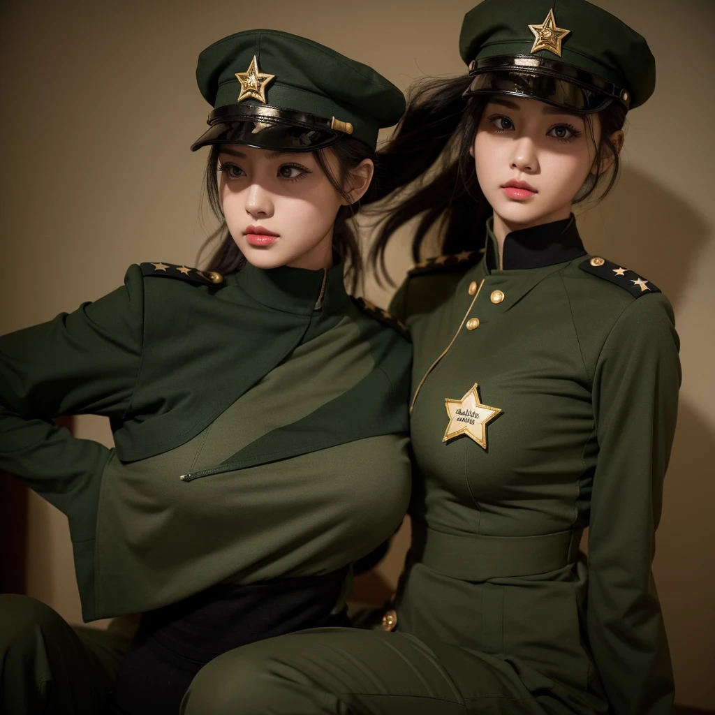 a close up of a woman in a uniform posing for a picture, russian and japanese mix, sexy girl, busty, military girl, olive, japanese goddess, japanese model, asian, gorgeous jungle ranger, japanese, jaw-dropping beauty, oppai, army, beautiful asian girl, soldier girl, perfect military composure, asian girl, wearing military outfit