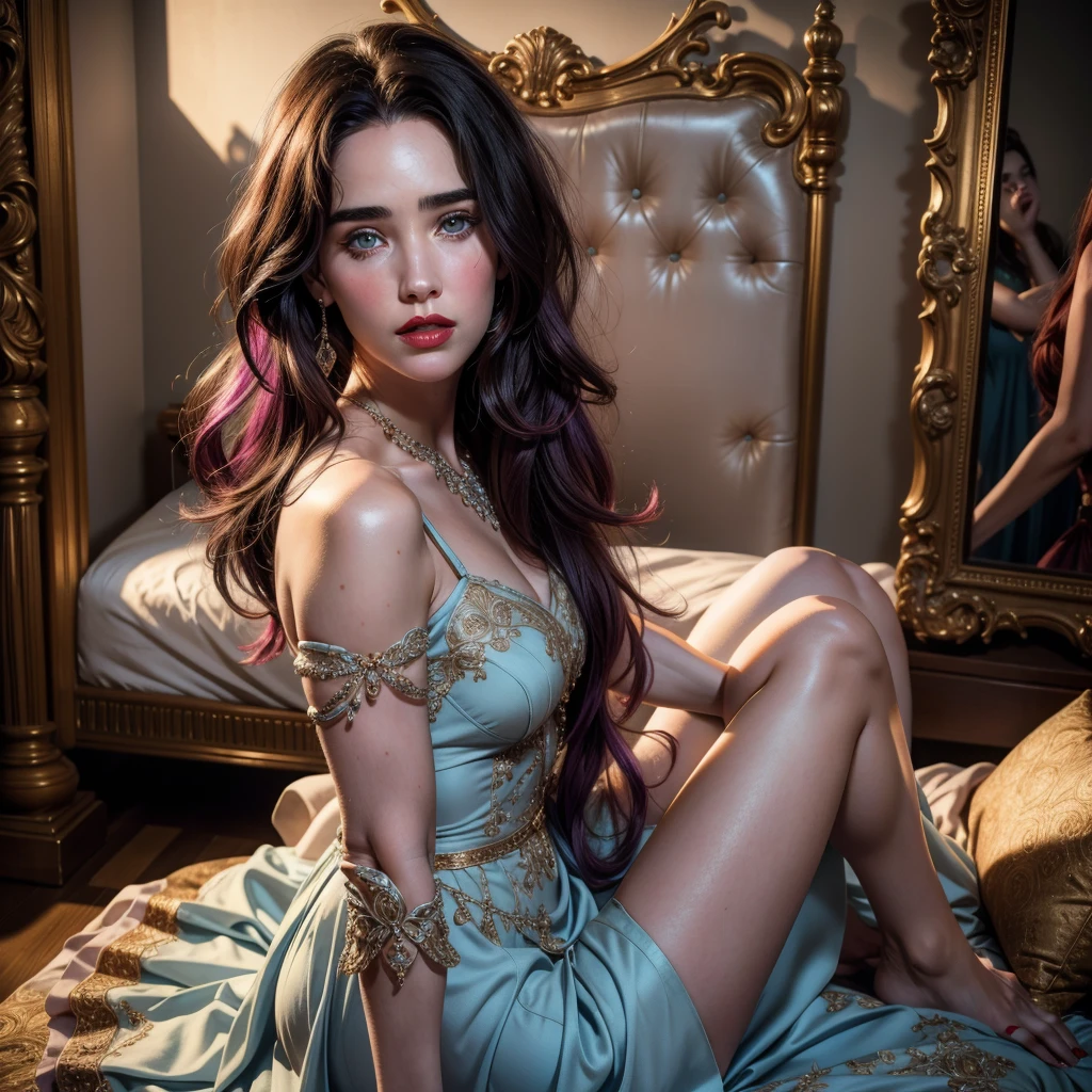 jennifer connelly, (8k, 4k, best quality, highres, ultra high res:1.1), (masterpiece, realistic, photo-realistic:1.1), 1 girl, face, full body shot, red lips, (looking at viewer:2), absurdly long purple hair, long eyelashes, eyeshadow, small face, big light blue eyes, fair skin, bare shoulders, high contrast, elaborate sexy dress, elaborate jewelry, sensual
